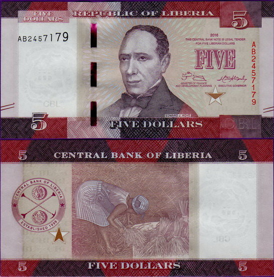 Банкнота Либерии 5 долларов 2016 год