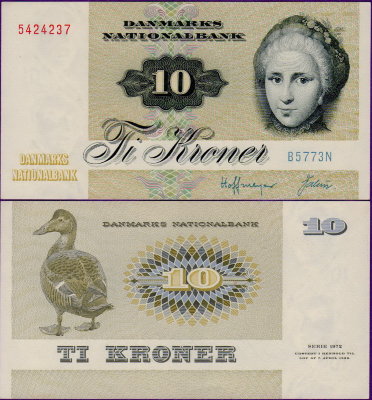 Банкнота Дании 10 крон 1972 года