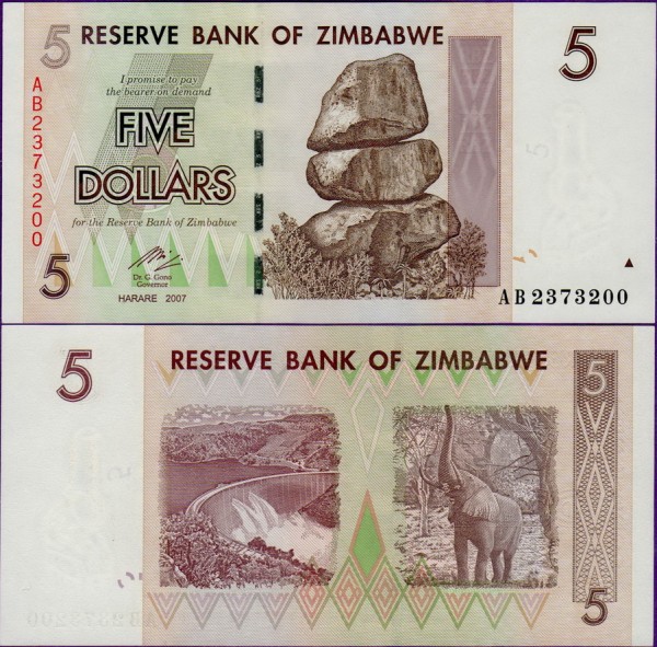 Банкнота Зимбабве 5 долларов 2007 год