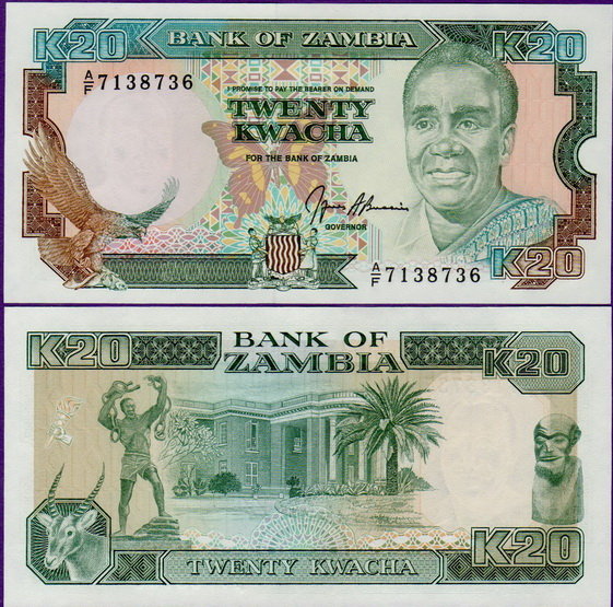 Банкнота Замбии 20 квача 1989-1991
