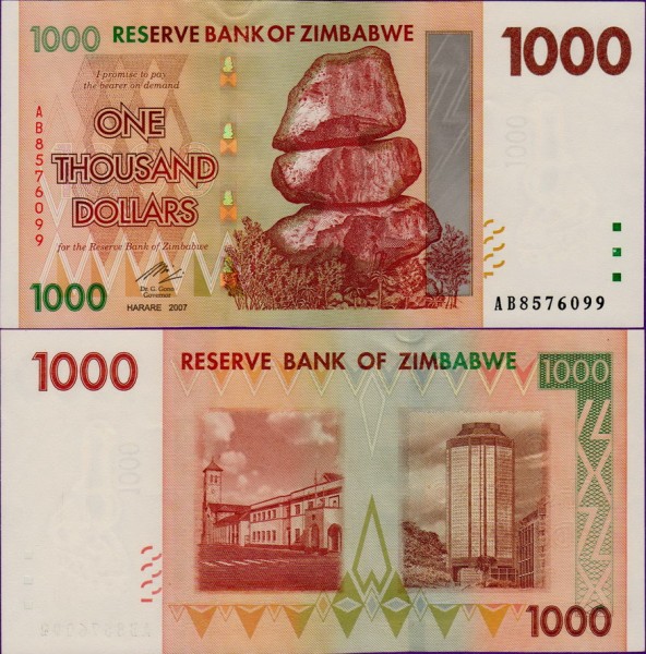 Банкнота Зимбабве 1000 долларов 2007 год