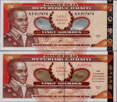 Банкнота Гаити 20 гурд 2001 год набор 2 шт 200 лет Конституции