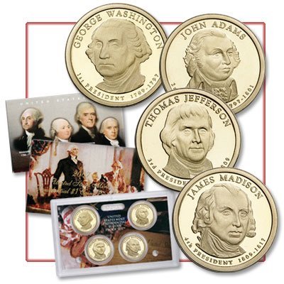 США Набор из четырех монет 1 доллар 2007 Президенты (Вашингтон, Адамс, Джефферсон, Мэдисон)