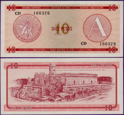 Банкнота Кубы валютный сертификат 10 песо 1985 г