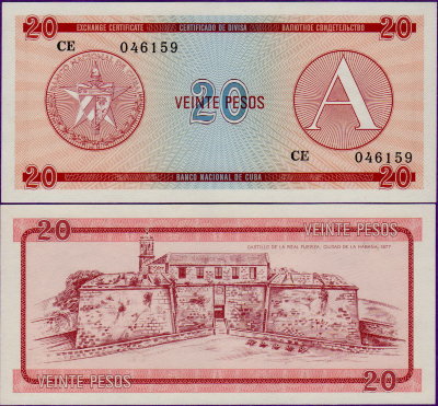 Банкнота Кубы валютный сертификат 20 песо 1985