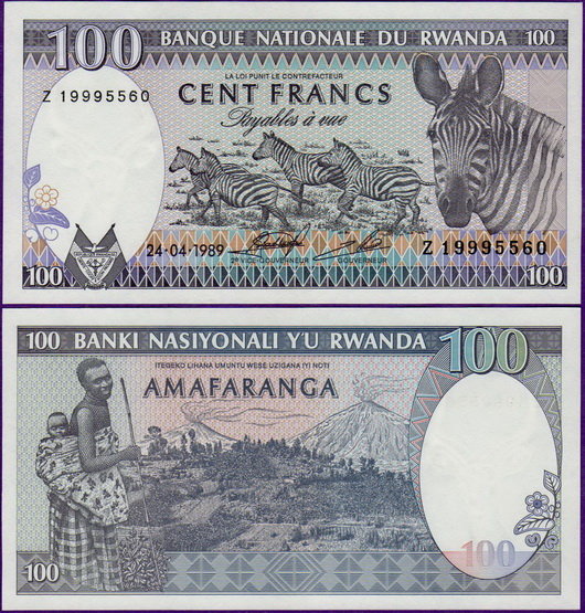 Банкнота Руанды 100 франков 1989 г серия Z