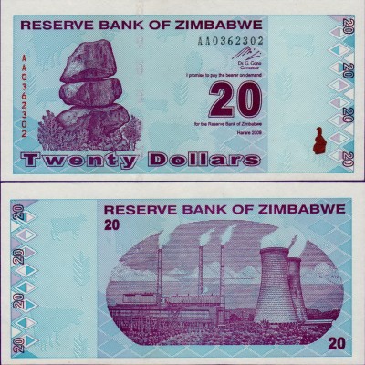 Банкнота Зимбабве 20 долларов 2009 год