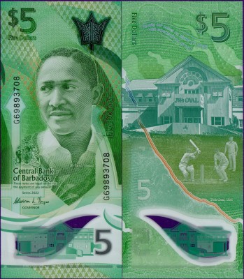Банкнота Барбадоса 5 долларов 2022 полимер