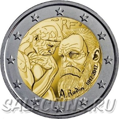 Монета Франции 2 евро 2017 год 100 лет со дня смерти Огюста Родена