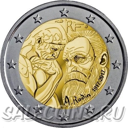 Монета Франции 2 евро 2017 год 100 лет со дня смерти Огюста Родена