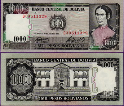 Банкнота Боливии 1000 боливиано 1982 год