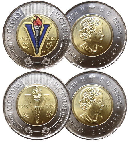Монета Канады 2 доллара 2020 75 лет окончания Второй Мировой Войны (обычная + цветная)