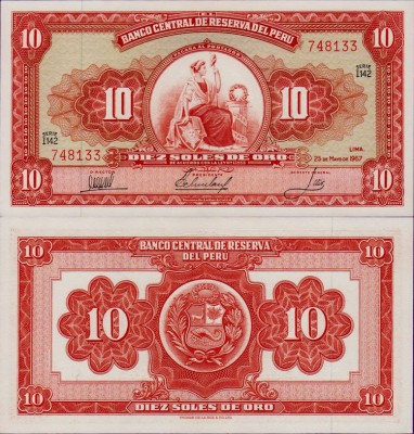 Банкнота Перу 10 солей 1967 год