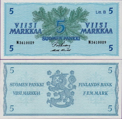 Банкнота Финляндии 5 марок 1963 года