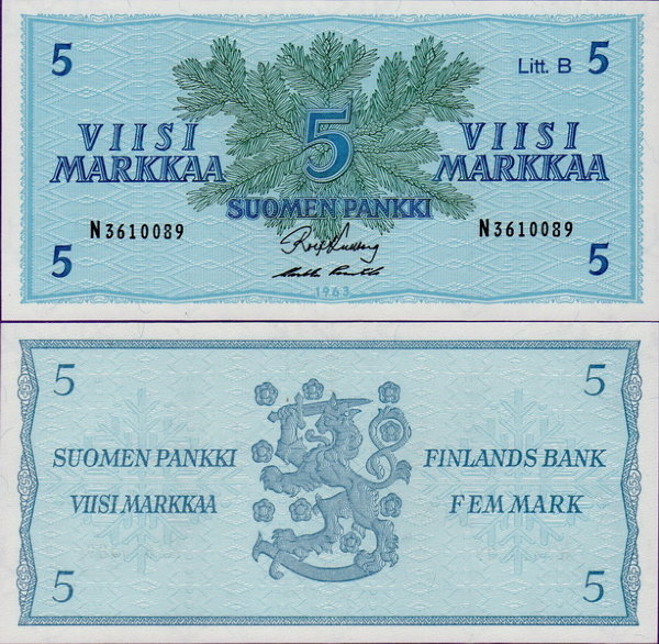 Банкнота Финляндии 5 марок 1963 года
