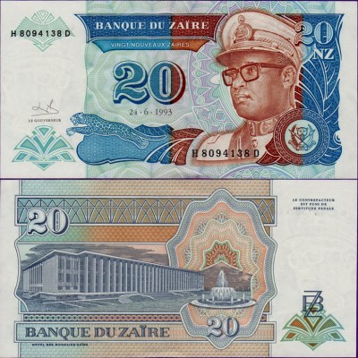 Банкнота Заира 20 новых заир 1993 год