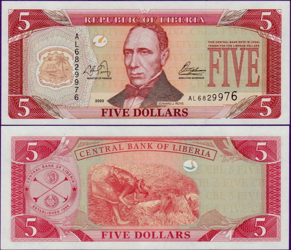 Банкнота Либерии 5 долларов 2003 г