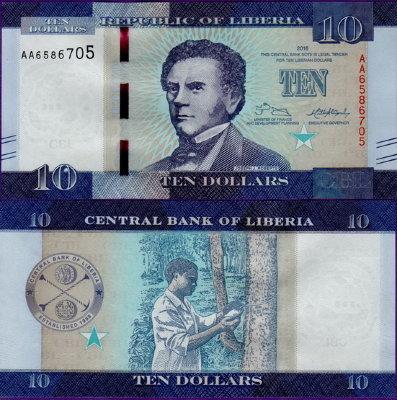 Банкнота Либерии 10 долларов 2016 год