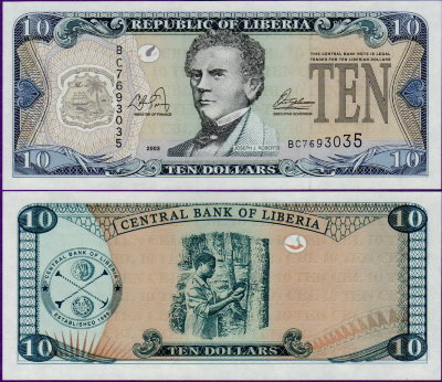 Банкнота Либерии 10 долларов 2003 год