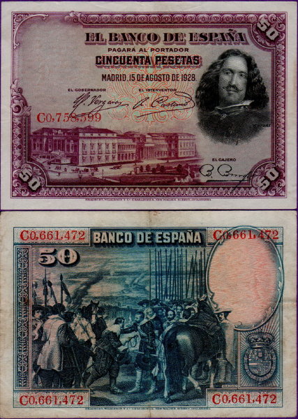 Банкнота Испании 50 песет 1928 года