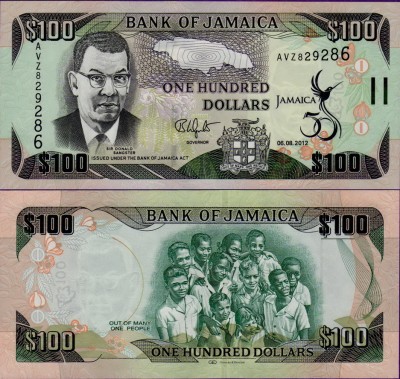 Банкнота Ямайки 100 долларов 2012 50 лет независимости