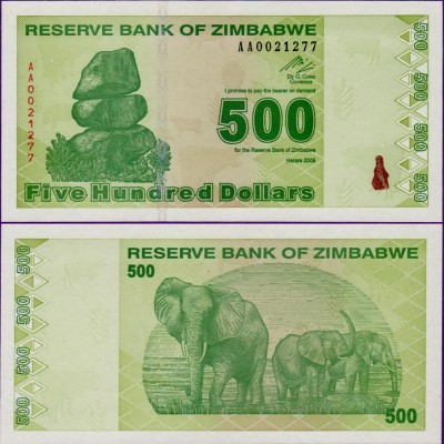 Банкнота Зимбабве 500 долларов 2009 года