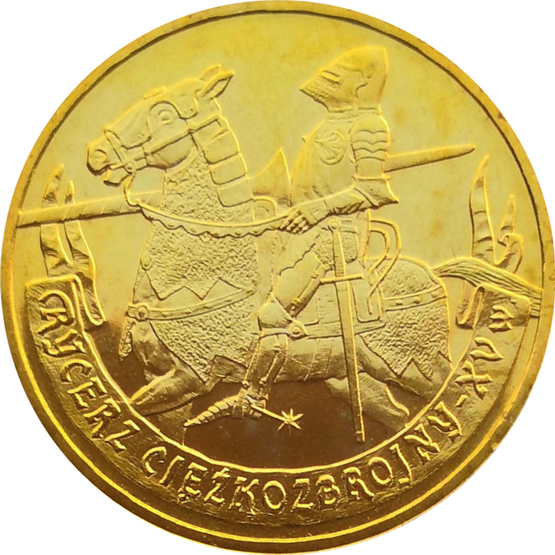 Монета Польши 2 злотых Тяжеловооруженный рыцарь XV века 2007 год