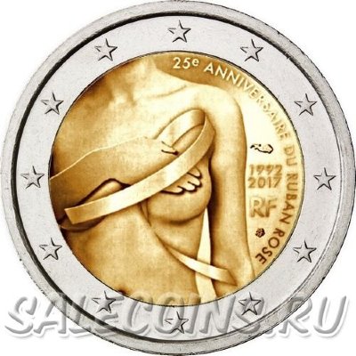 Монета Франции 2 евро 2017 г Борьба против рака молочной железы. 25 лет розовой ленточке