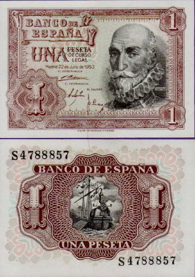 Банкнота Испании 1 песета 1953 года