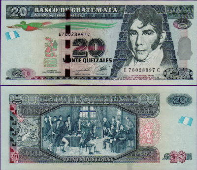 Банкнота Гватемалы 20 кетсалей 2012 г