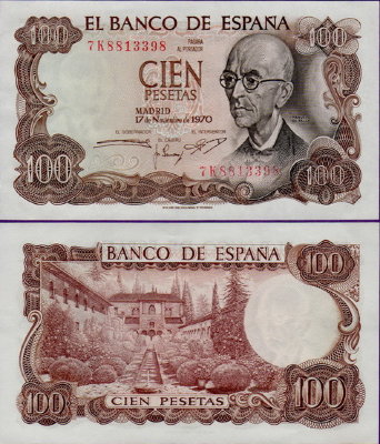 Банкнота Испании 100 песет 1970 г