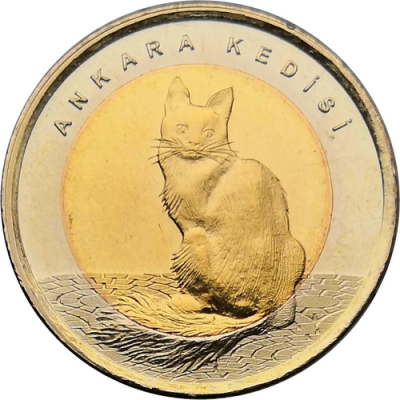Монета Турции 1 лира 2015 Ангорская кошка