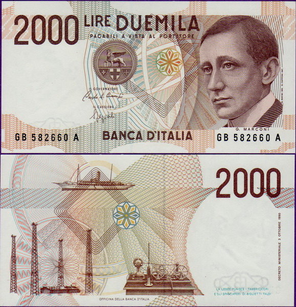 Банкнота Италии 2000 лир 1990 года