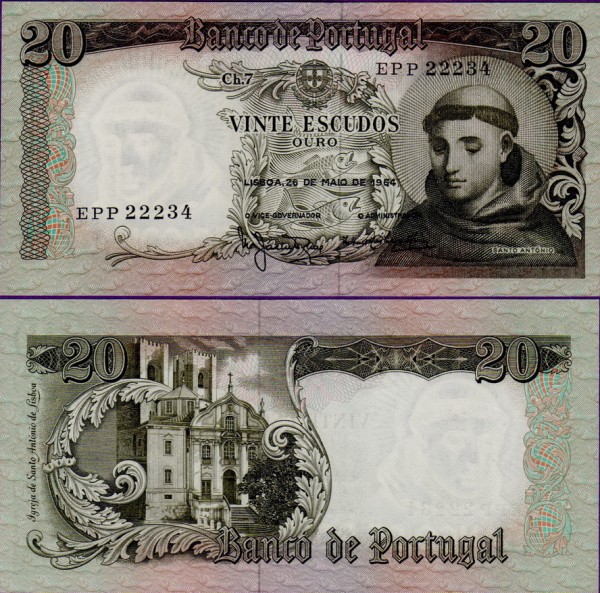 Банкнота Португалии 20 эскудо 1964 год