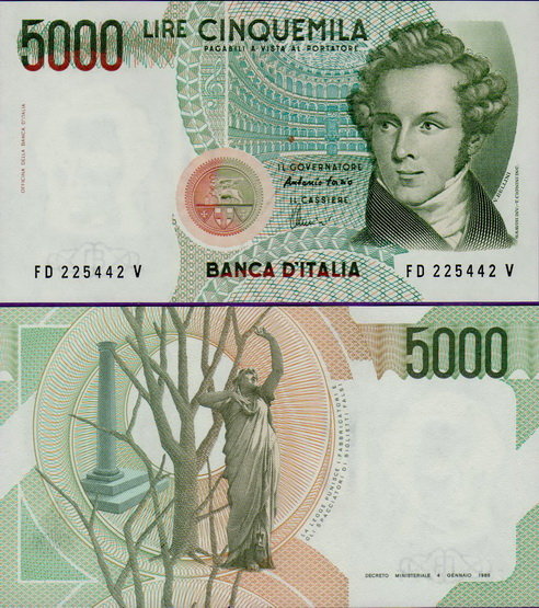 Банкнота Италии 5000 лир 1985 г