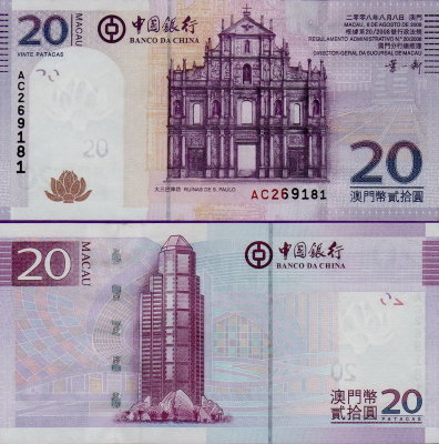 Банкнота Макао 20 патак 2008 года Банк Китая