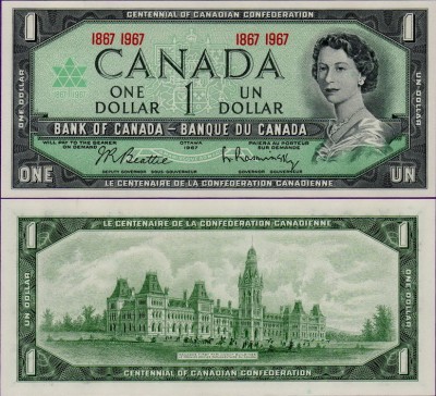 Банкнота Канады 1 доллар 1967 год