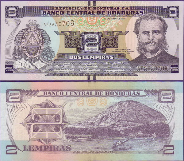 Банкнота Гондураса 2 лемпира 2014 г