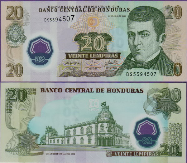 Банкнота Гондураса 20 лемпир 2008 полимер