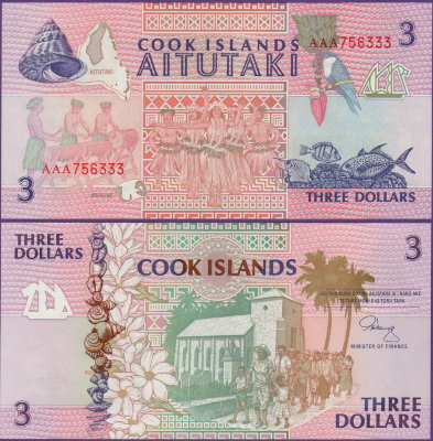 Банкнота острова Кука 3 доллара 1992 год