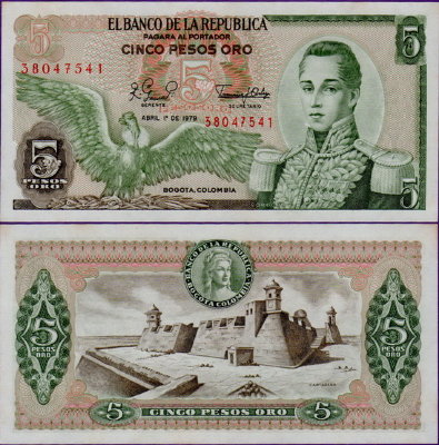 Банкнота Колумбии 5 песо 1979 год