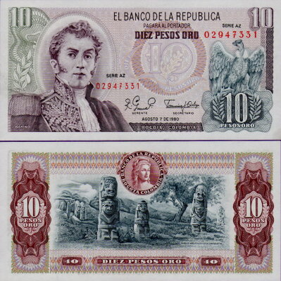 Банкнота Колумбии 10 песо 1980