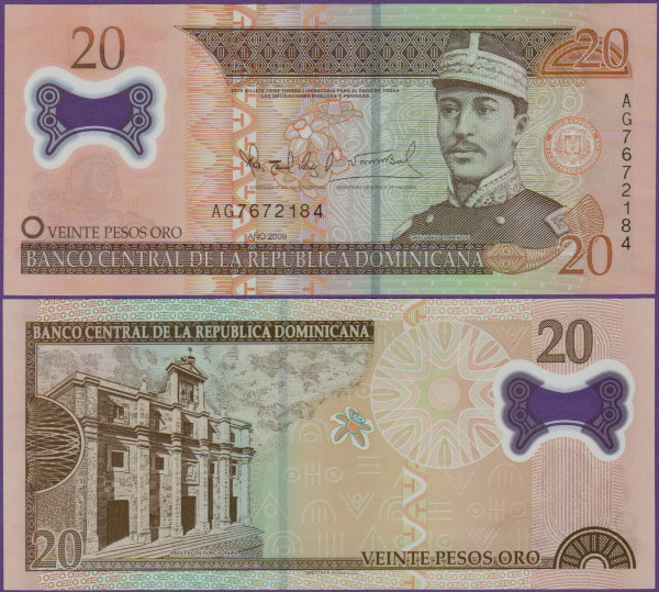 Банкнота Доминиканы 20 песо 2009 г полимер