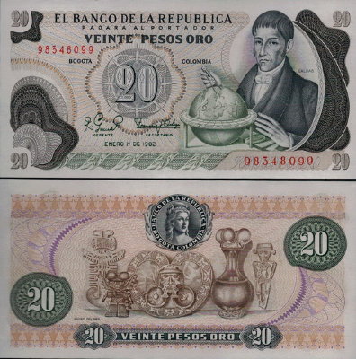 Банкнота Колумбии 20 песо 1982 г