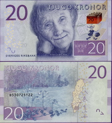 Банкнота Швеции 20 крон 2015 г