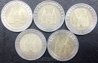Набор монет Германии 2 евро 2006 Шлезвиг-Гольштейн 5 дворов (A D G F J)