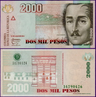 Банкнота Колумбии 2000 песо 2014 года