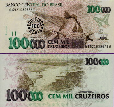 Банкнота Бразилии 100 крузейро реал 1993