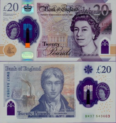 Банкнота Великобритании 20 фунтов 2020 полимер