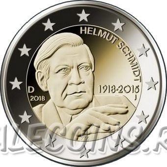 Монета Германии 2 евро 2018 г 100 лет со дня рождения 5-го федерального канцлера ФРГ Гельмута Шмидта